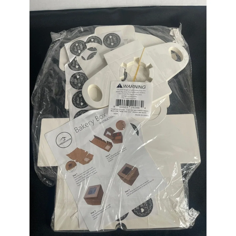 CreekCove 25 Pack White Bakery Boxes 3.5x3.5x4 with Window Stickers and Inserts‎